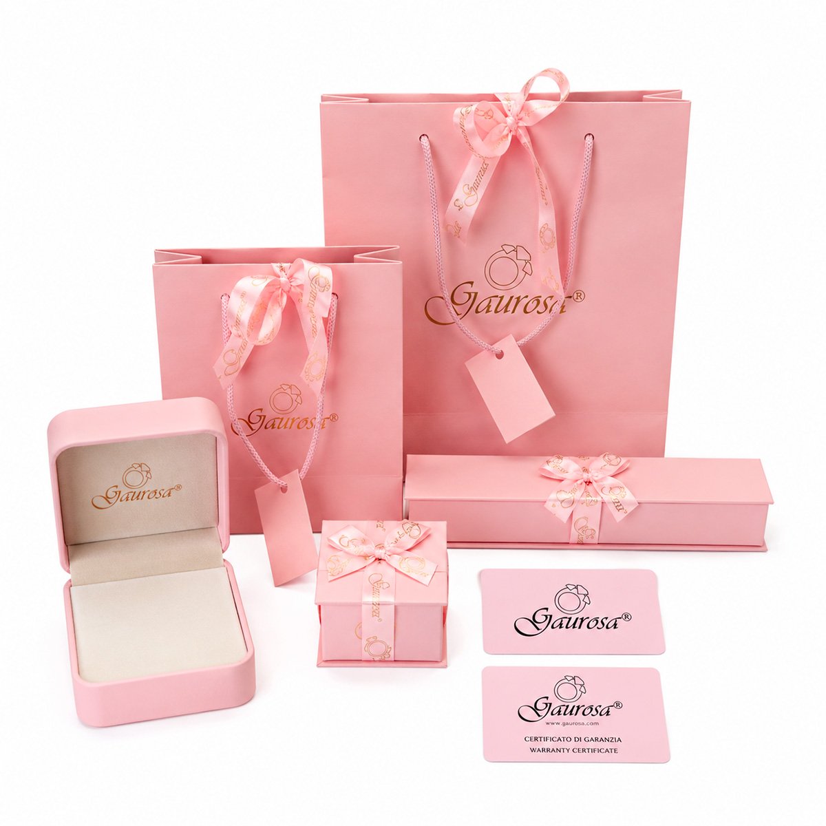 Confezioni regalo eleganti Gaurosa: scatole, sacchetti e certificato di garanzia